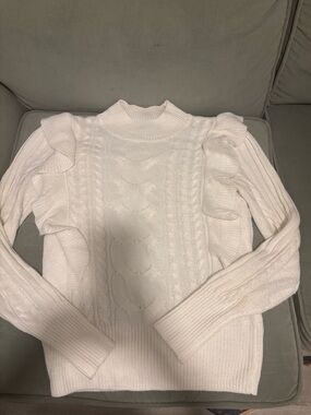RW&CO. Cream Cable Knit Ruffle Shoulder Turtleneck Sweater